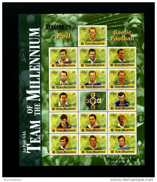 IRELAND/EIRE - 1999 TEAM OF THE MILLENIUM-GAELIC FOOTBALL MS OVPT STAMPA MINT NH - Blocks & Kleinbögen