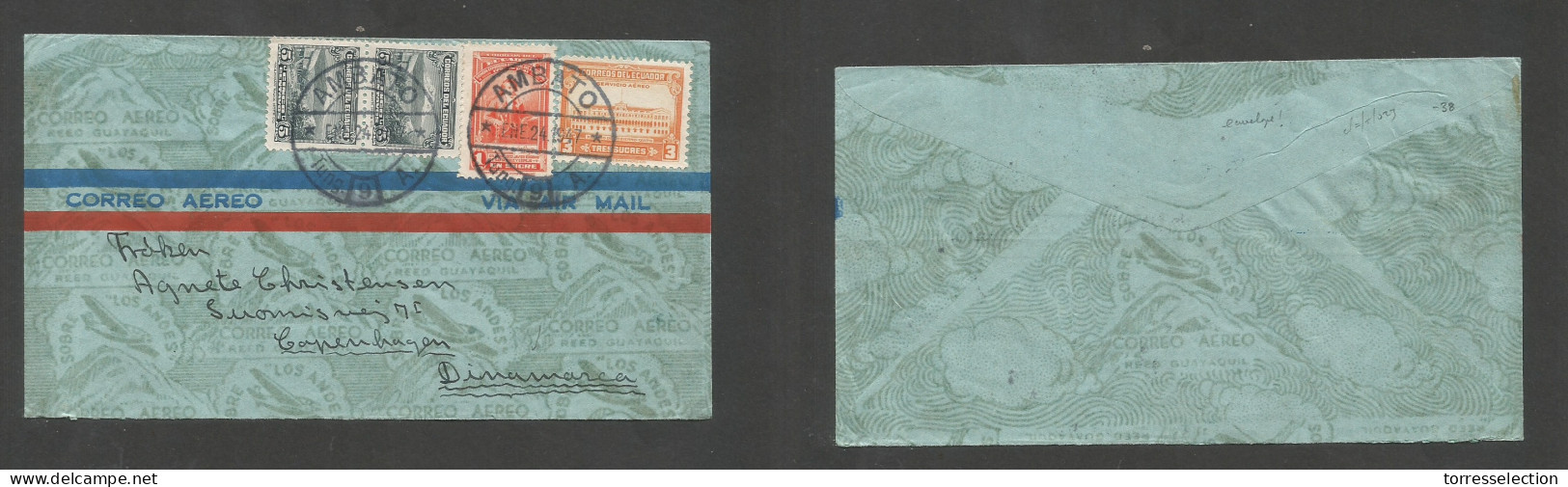 ECUADOR. 1947 (Ene 24) Ambato - Denmark, Cph. Air Illustrated Multifkd Env At 4,10 Sucres, Tied Cds. VF Appealing Usage. - Equateur