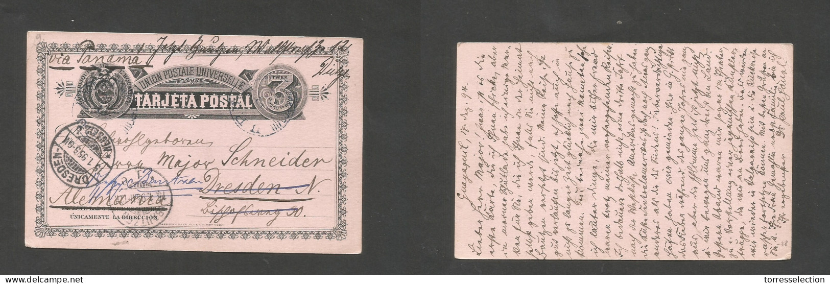 ECUADOR. 1894 (17 Dec) Guayaquil - Germany, Dresden (15 Jan 95) 3c Black / Pink Stat Card. Via Panama. Fwded. Scarce Ear - Equateur