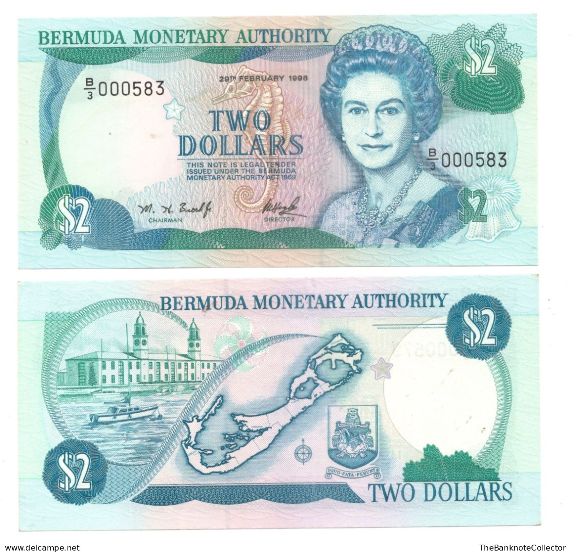 Bermuda 2 Dollars 1996 P-40Aa QEII UNC Prefix B/3 Low Serial Number - Bermude