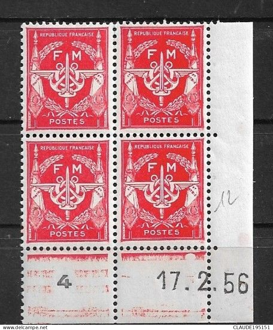 FRANCE 1956  F.M   N° 12**  17.2.56 COIN DATE GOMME D'ORIGINE SANS CHARNIÈRE  NEUF TTB      2 SCANS - 1950-1959