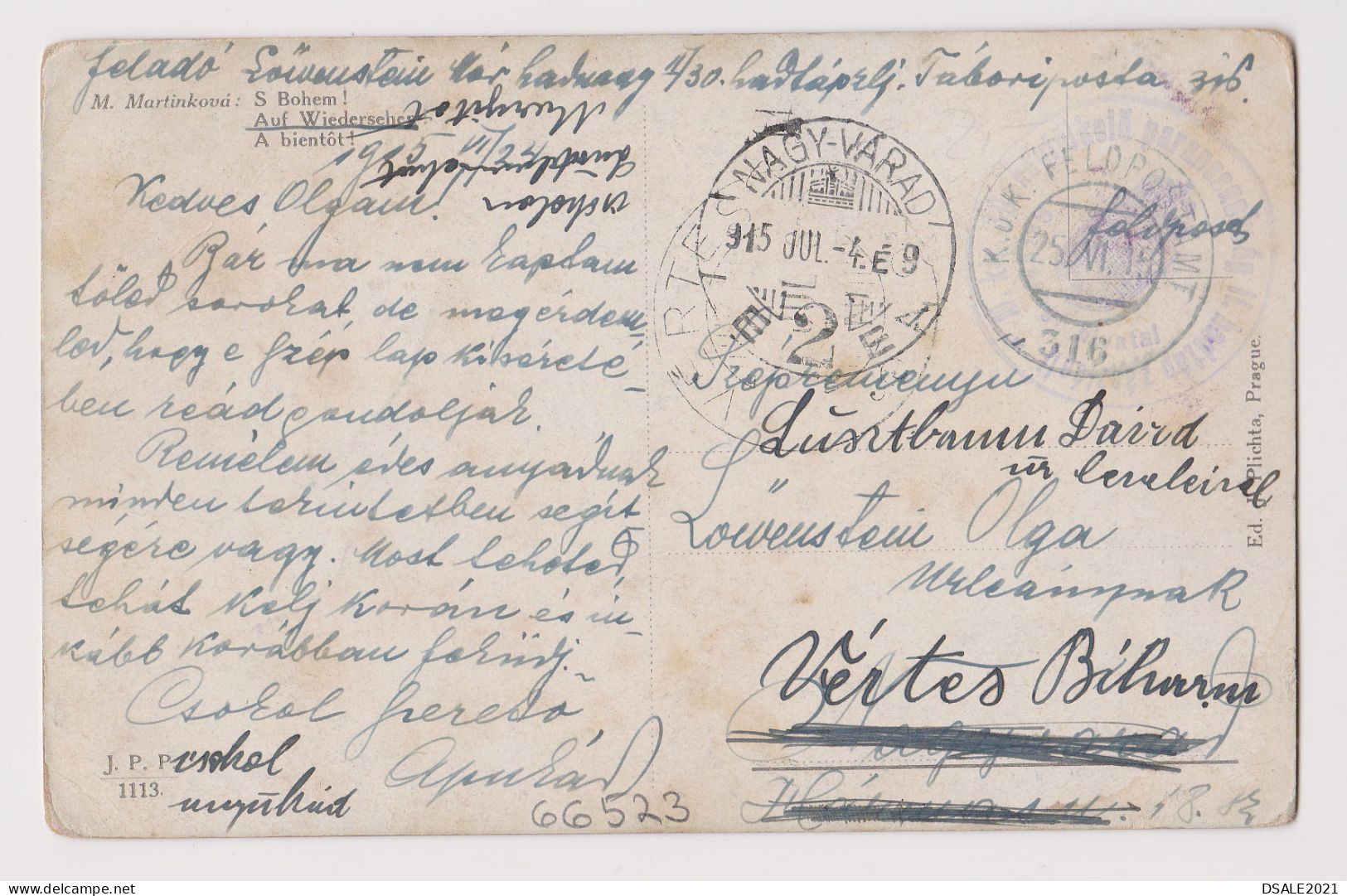 Ww1-1915 Hungary Austria (KuK FELDPOST 316) Military Censored Postcard NAGY-VARAD Clear Cachet (66523) - Briefe U. Dokumente