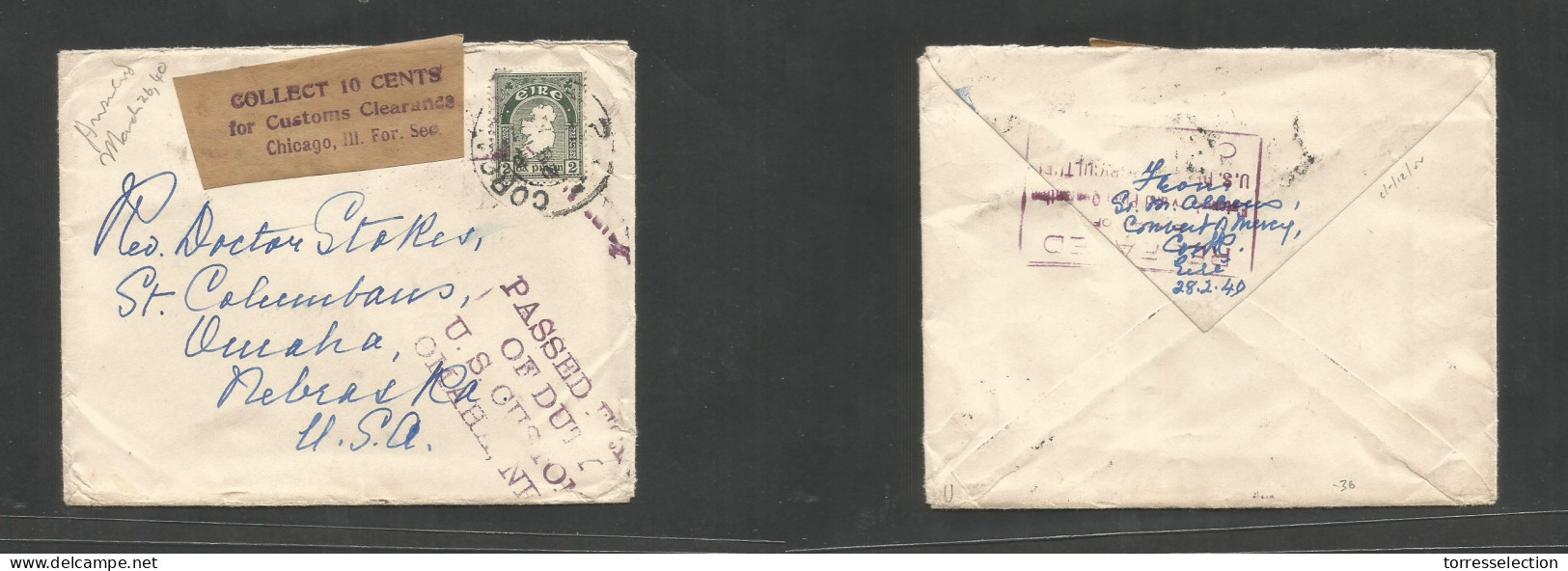 EIRE. 1949 (28 Febr) Cork - USA, Nebraska, Omaha. 2p Green Fkd Env, Tied Cds + Taxed + US P. Due Label + Custom Cachet.  - Used Stamps