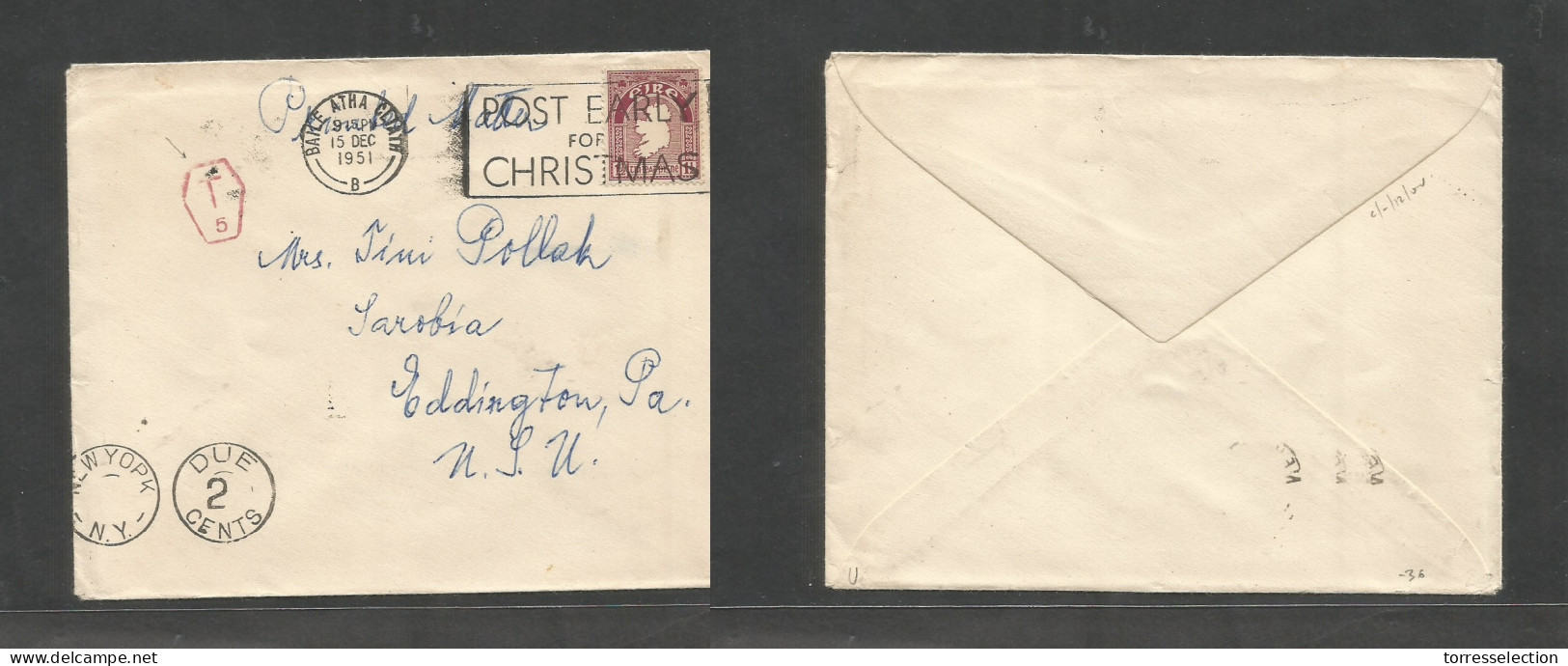 EIRE. 1951 (15 Dec) Baile Atha Cliath - USA, Eddington, PA. Single 1 1/2 P Purple Fkd Env, Slogan Rolling Cds Cachet + R - Used Stamps