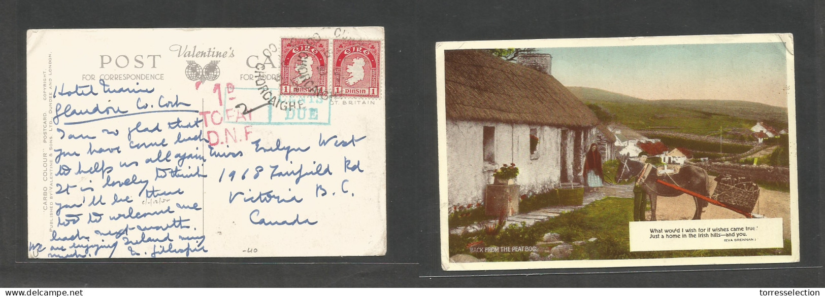 EIRE. 1951 (6 Sept) Chocaighe - Canada, Victoria, BC. Multifkd Ppc + Taxed + Red + Green P. Dues Pmks. VF Scarce Irish P - Usados