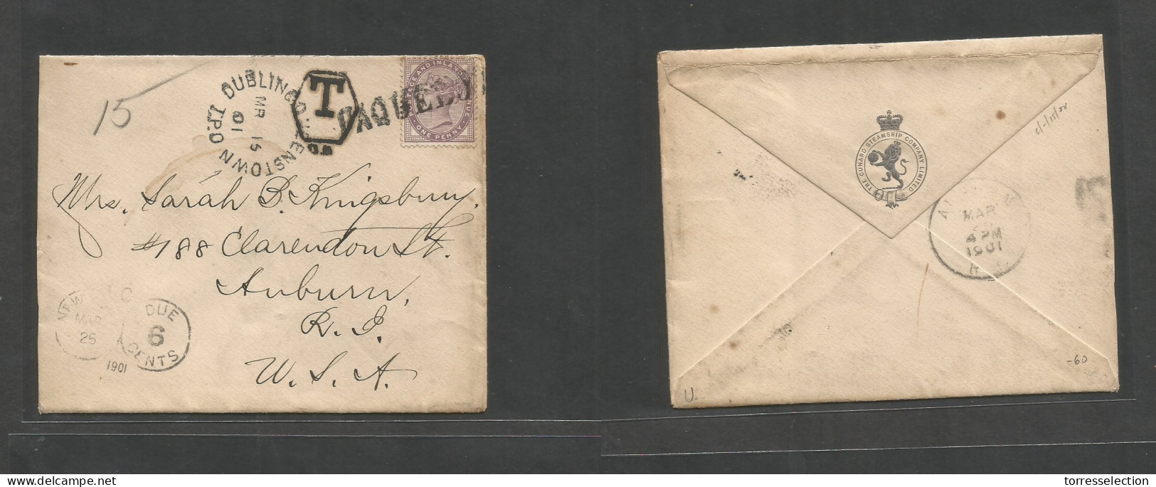 EIRE. 1901 (March 15) Dublin - USA, Auburn, RJ. 1d QV Fkd Env, Tied "paquebot" Stline, TPO "Dublin Queenstown" + "T" Mar - Used Stamps