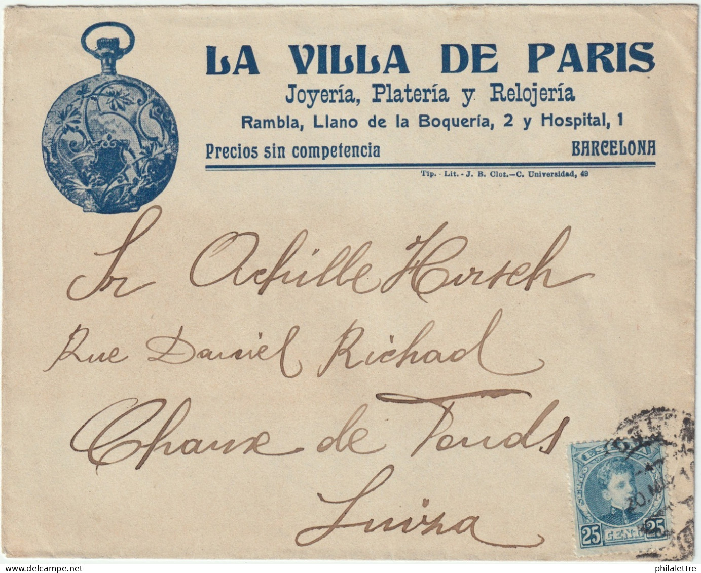 ESPAGNE/ESPAÑA 1910 Ed.248 En Sobre Con Membrete “LA VILLA DE PARIS" Ilustrado (reloj) De Barcelona à Suiza - Covers & Documents