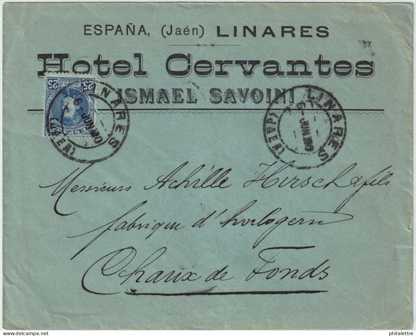 ESPAGNE/ESPAÑA 1910 Ed.248 En Sobre Con Membrete “Hotel Cervantes" De LINARES (Jaen) à Suiza - Storia Postale