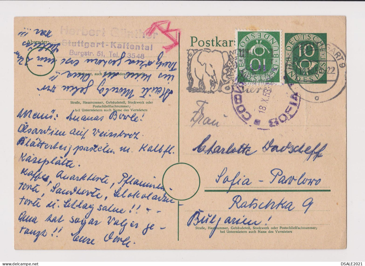 Germany Bundes 1953 Stationery Card, Ganzsache 10+10pf. Posthorn, Elephant Cachet Sent To Sofia-Bulgaria (66802) - Postkaarten - Gebruikt