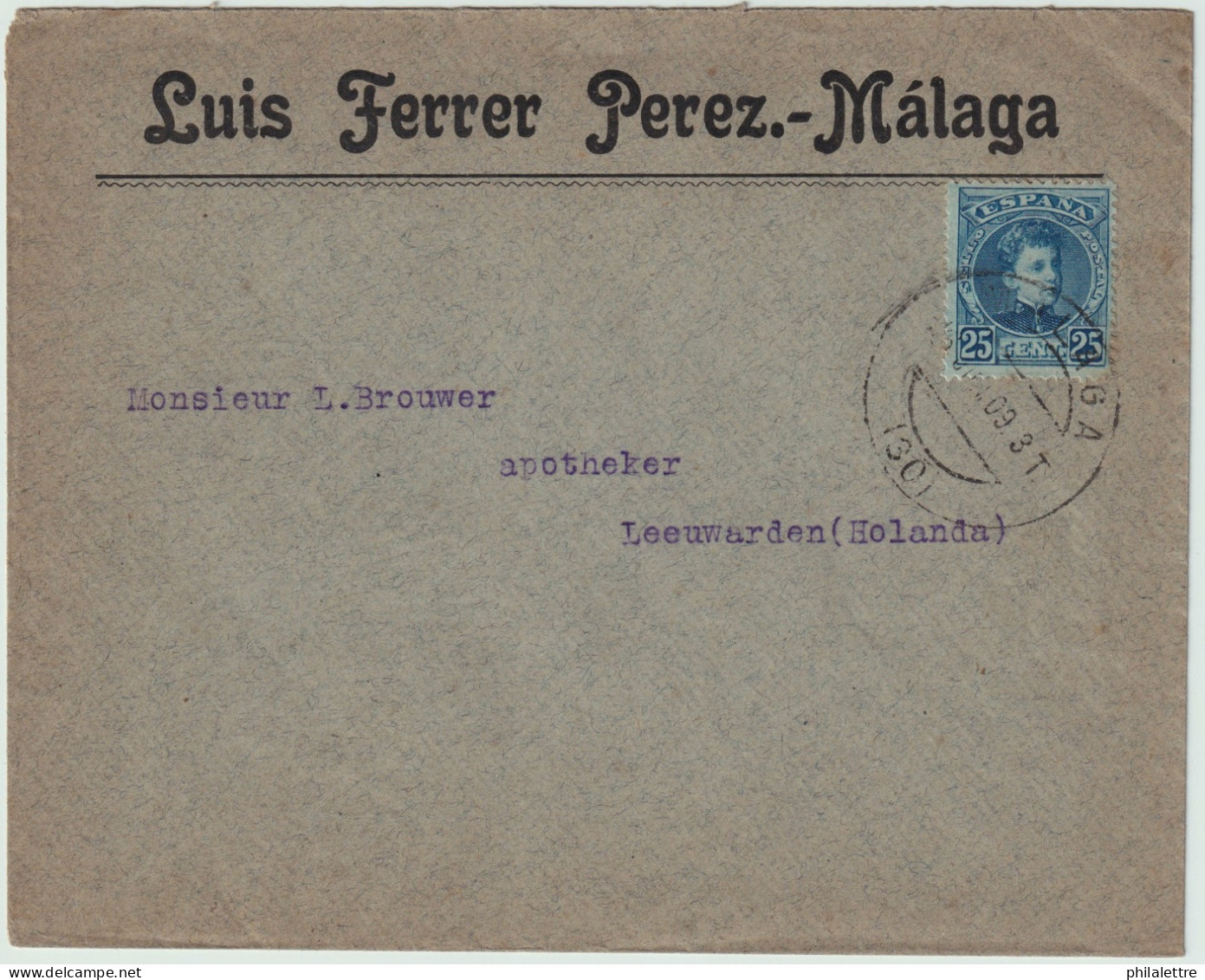 ESPAGNE/ESPAÑA 1909 Ed.248 En Sobre Con Membrete “Luis Ferrer Perez" De Málaga à Holanda - Storia Postale