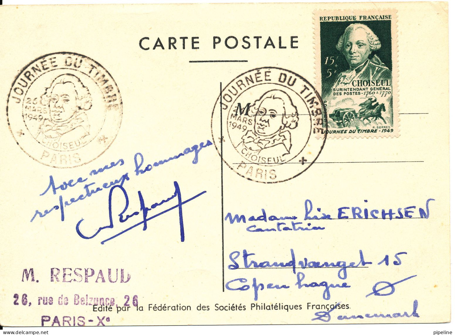 France Card Stamp's Day Paris 26-3-1949 - Giornata Del Francobollo