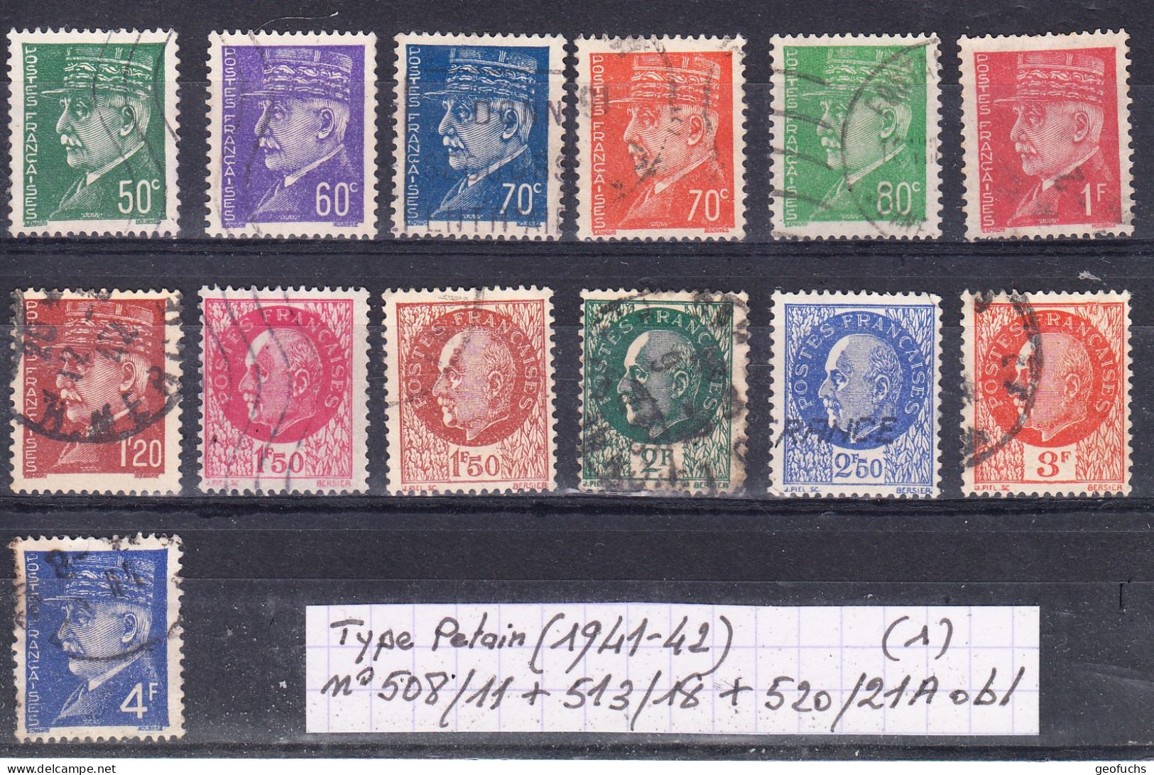 France Type Petain (1941-42) Y/T N° 508/11 + 513/18 + 520/21A Oblitérés - 1941-42 Pétain