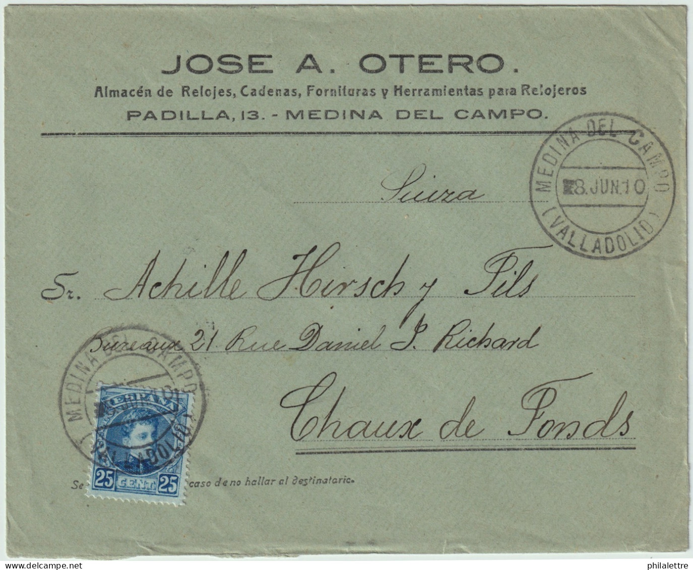 ESPAGNE/ESPAÑA 1910 Ed.248 En Sobre Con Membrete (Almacén De Relojería) De MEDINA DEL CAMPO A Suiza - Storia Postale