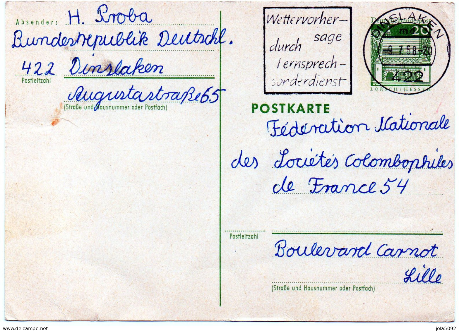 ALLEMAGNE - ENTIER POSTAL Avec Timbre Mi 491- Oblitération 1968 - Postkaarten - Gebruikt