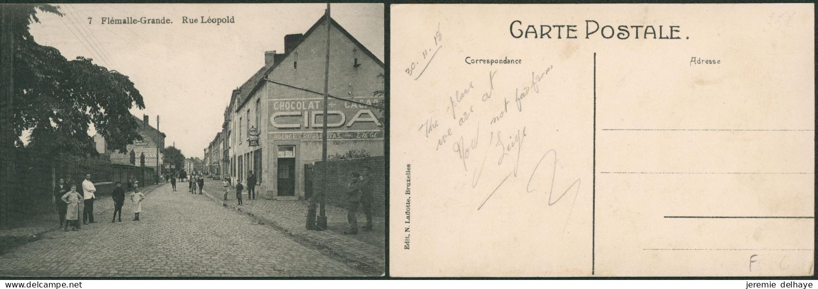 Carte Postale - Flémalle-grande : Rue Léopold (n°7 Edit. N. Laflotte) / Chocolat, Cacao CIDA - Flémalle