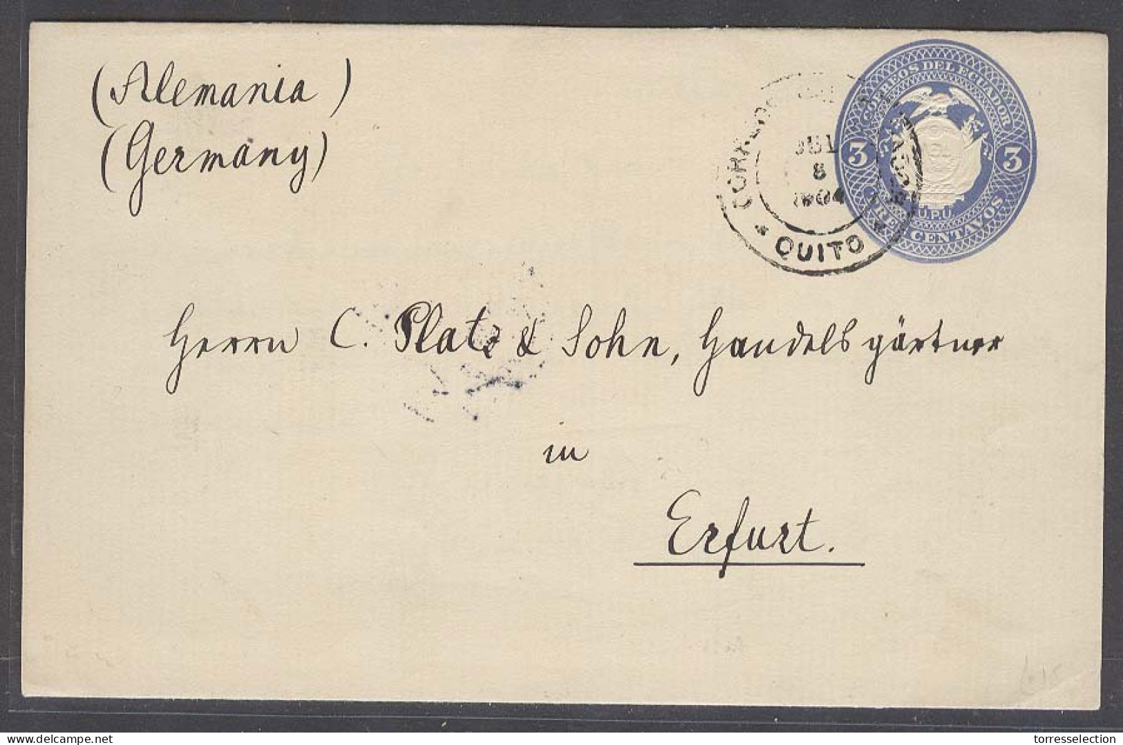 ECUADOR. 1904 (8 July). Quito - Germany (12 Aug). 3c Blue Stat Env. Fine Used. - Equateur