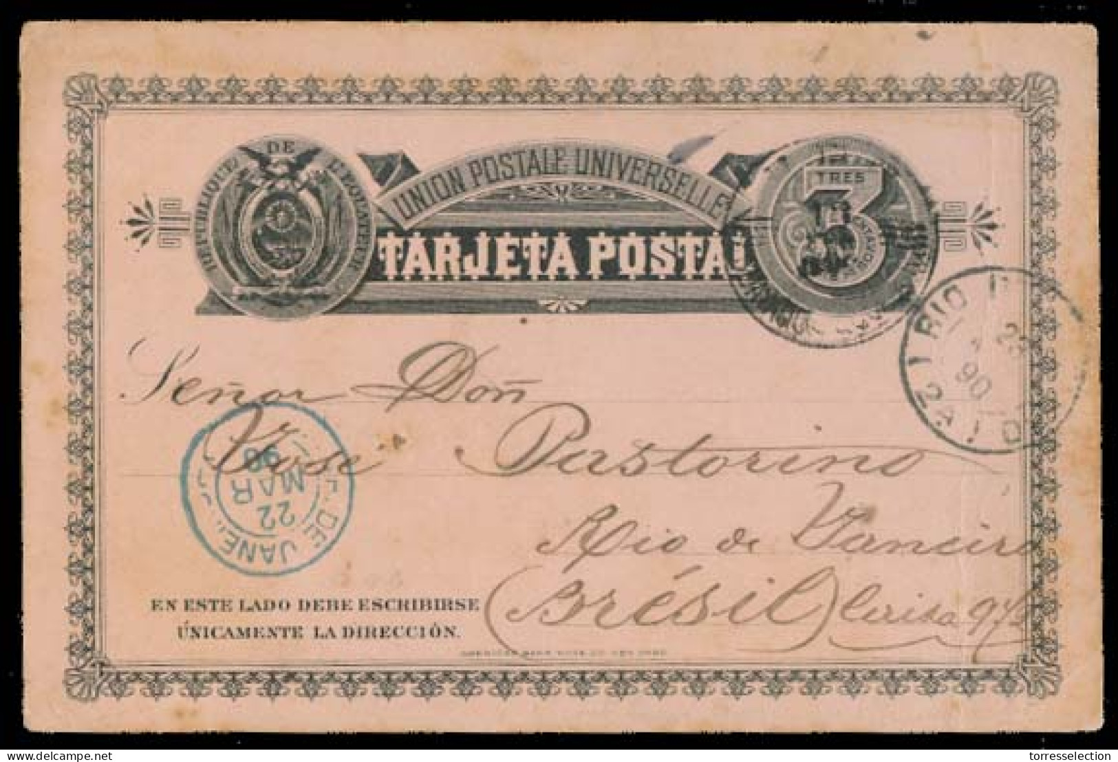 ECUADOR. 1890 (14 Feb). Guayaquil - Brazil (23 May). 3c Stat Card + Arrival Dest Cachet. Fine Unusual Dest Mail At This  - Equateur