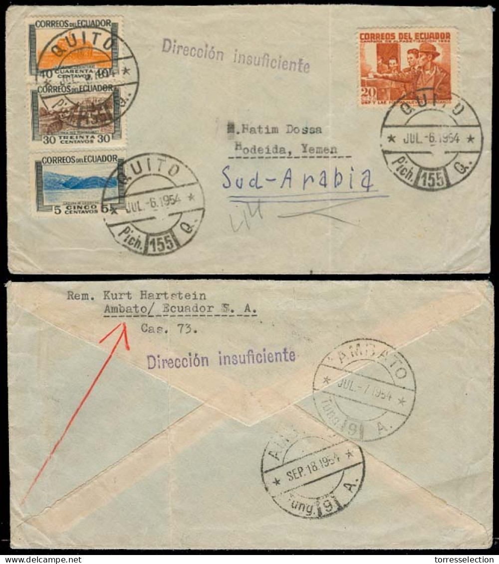 ECUADOR. 1954. Quito - Yemen. Fkd Env + Direccion Insuficiente / Insufficient Address + Return. Rare Dest. - Equateur