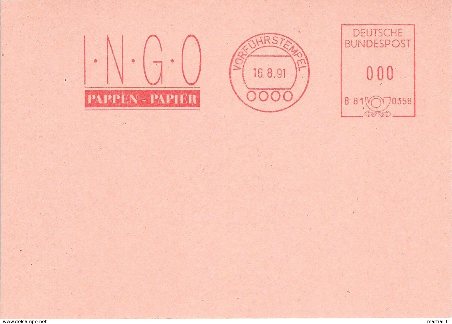 EMA ALLEMAGNE DEUTSCHLAND BUND GERMANY PAPIER PAPPEN CARTON PAPER INGO I.N.G.O SPECIMEN - Autres & Non Classés