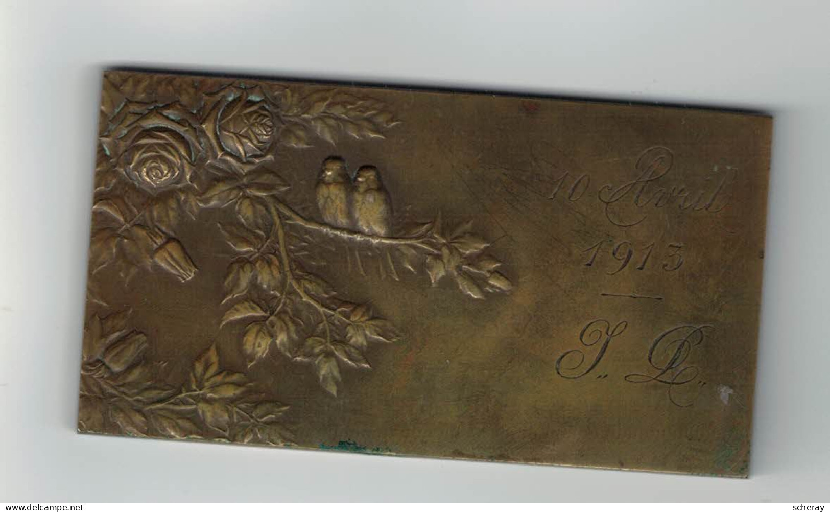 PLAQUETTE" SIGNEE" BRONZE ????   8CM/4,5CM  CULTIVATEUR + ATTELAGE + AU DOS OISEAUX DATE 10 AVRIL 1913 J.L ???? - Animaux