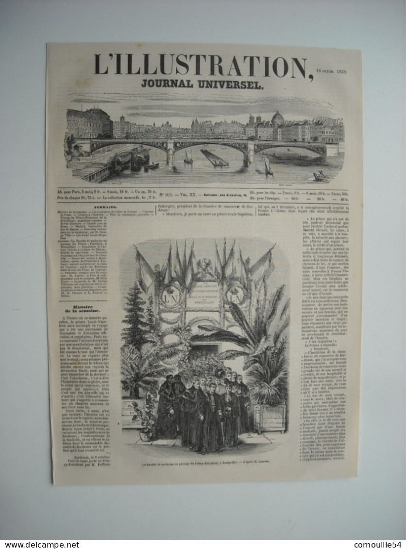 GRAVURE 1852. A MONTPELLIER, LA FACULTE DE MEDECINE AU PASSAGE DU PRINCE-PRESIDENT LOUIS-NAPOLEON. - Tekeningen