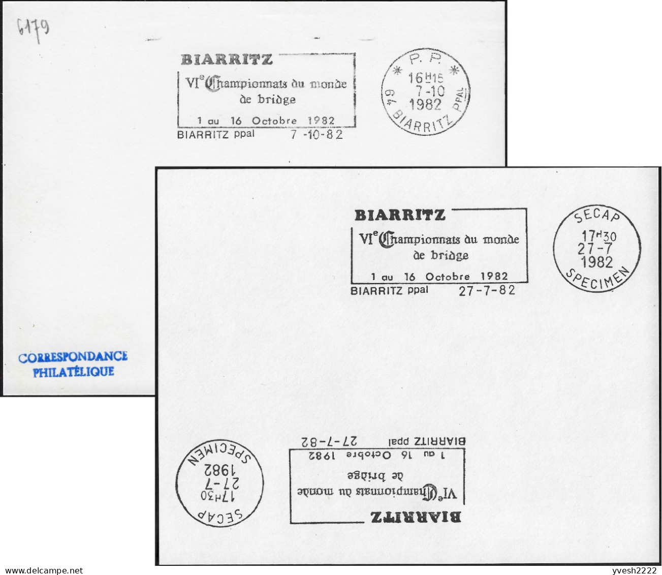 France 1982. Épreuve D'empreinte SECAP + Définitif Port Payé. Biarritz, Championnats De Bridge. Jeu De Cartes. Tir 3 Ex. - Zonder Classificatie