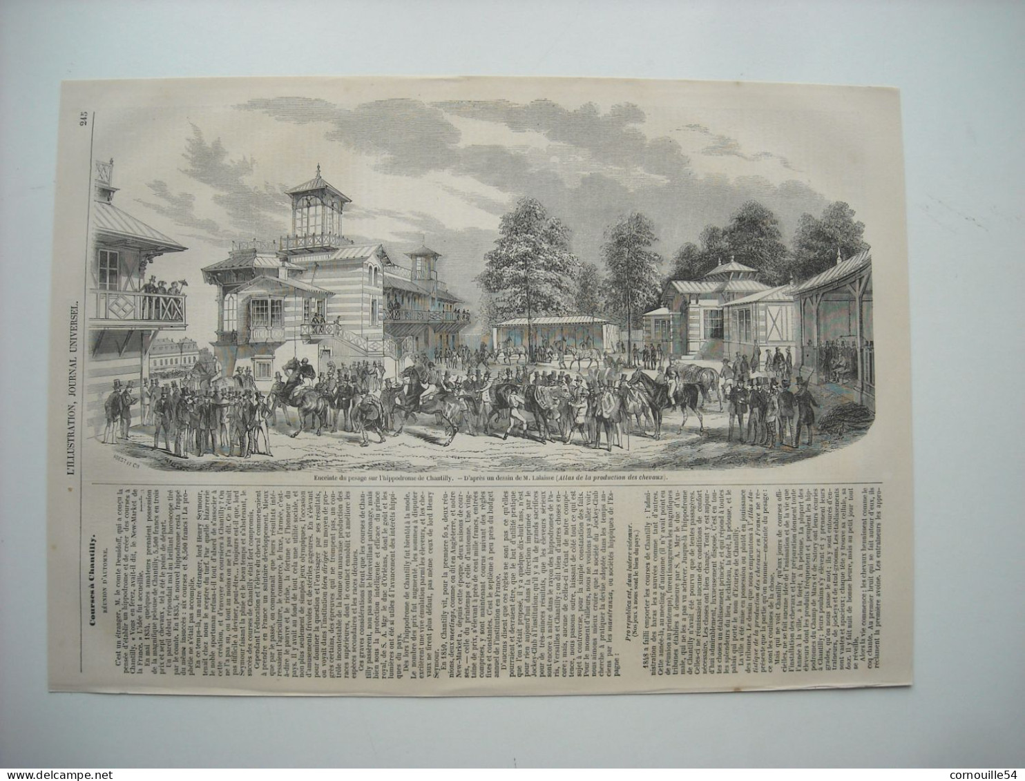 GRAVURE 1852. ENCEINTE DU PESAGE SUR L’HIPPODROME DE CHANTILLY. COURSES A CHANTILLY. REUNION D’AUTOMNE. - Zeichnungen