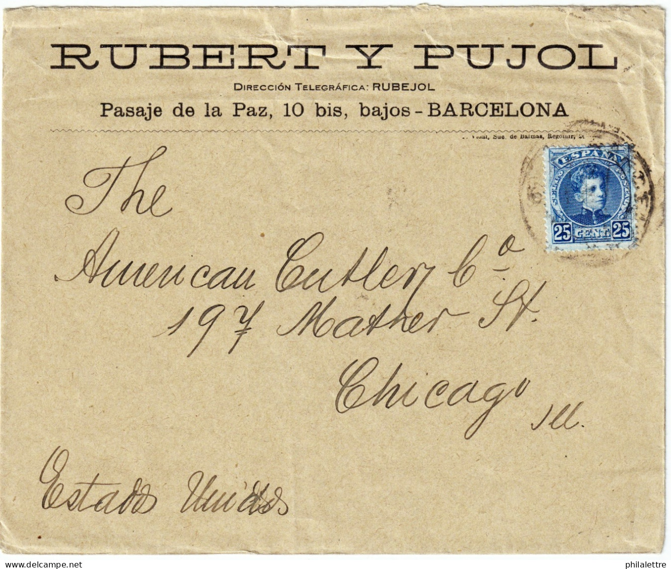 ESPAGNE/ESPAÑA 1907 Ed.248 Con "raya En La Cara Del Rey" Sobre Carta De Barcelona A Chicago, EE.UU. - Brieven En Documenten