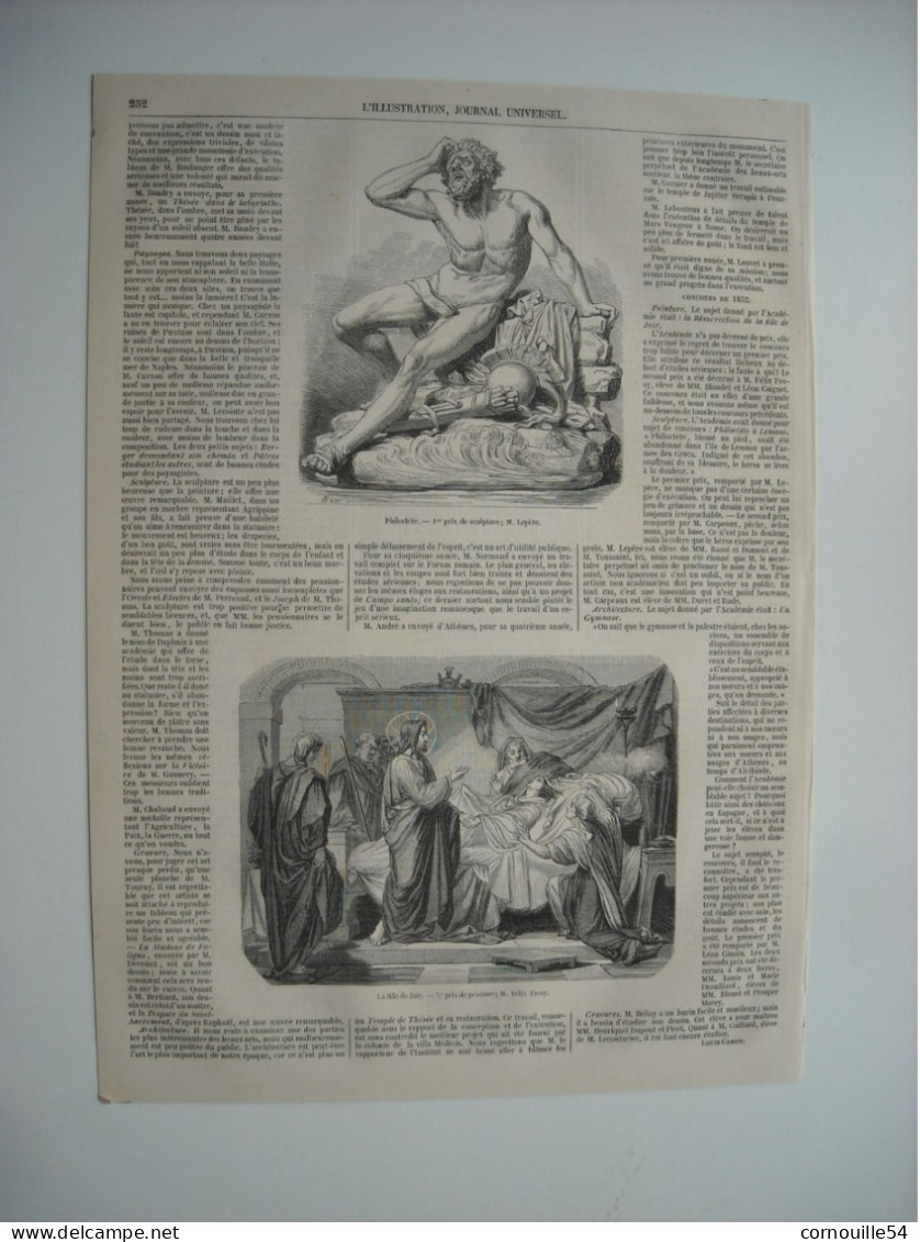 GRAVURE 1852. GRANDS PRIX DE ROME. PHILOCTETE. 1ER PRIX DE SCULPTURE; M. LEPERE. LA FILLE DE JAÏR. 2EME PRIX DE PEINTURE - Drawings