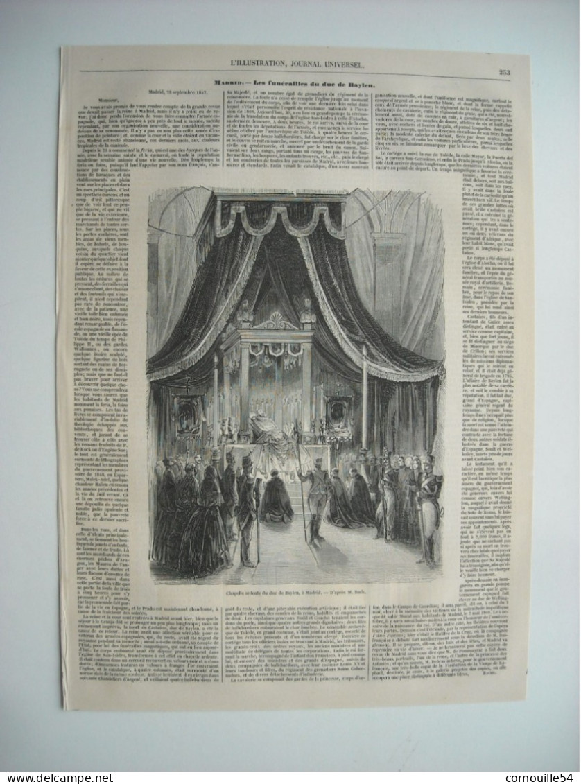 GRAVURE 1852. LES FUNERAILLES DU DUC DE BAYLEN. CHAPELLE ARDENTE DU DUC DE BAYLEN, A MADRID. AVEC EXPLICATIF. - Dessins