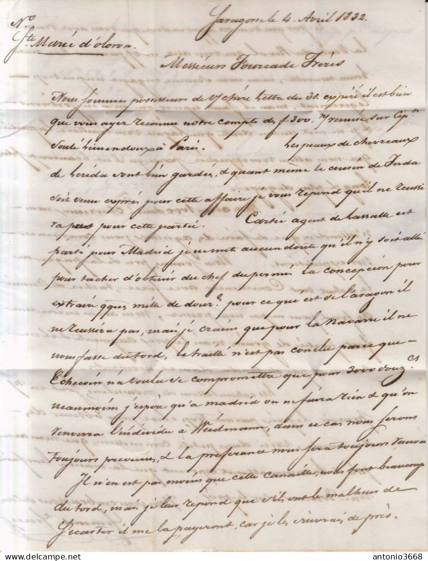 Año 1832 Prefilatelia Carta A Francia Marcas Nº27 Zª Franco Espagne Par Oleron Porteo Escrito - ...-1850 Prefilatelia