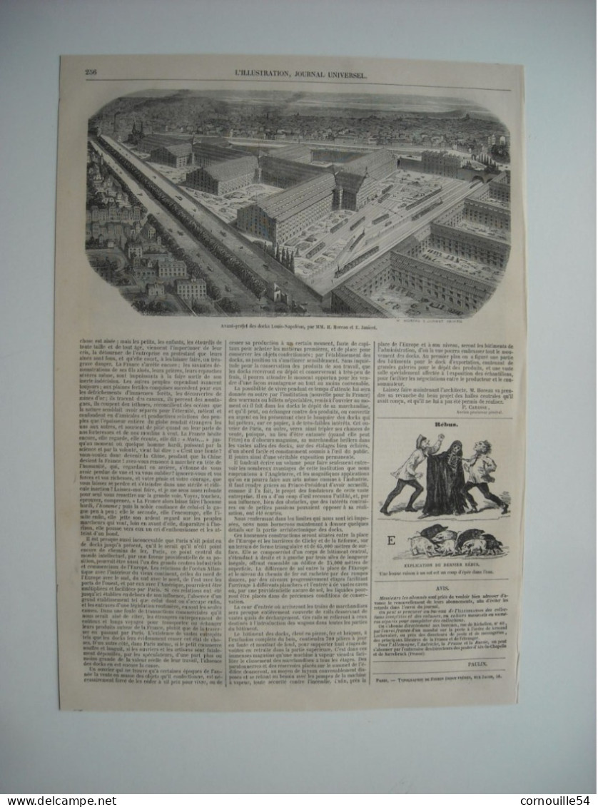 GRAVURE 1852. LES DOCKS LOUIS-NAPOLEON, A PARIS. EXPLICATIF. APPAREIL POUR DEMONTRER L’ABSORTION DE L’AIR PAR PLANTES. - Disegni