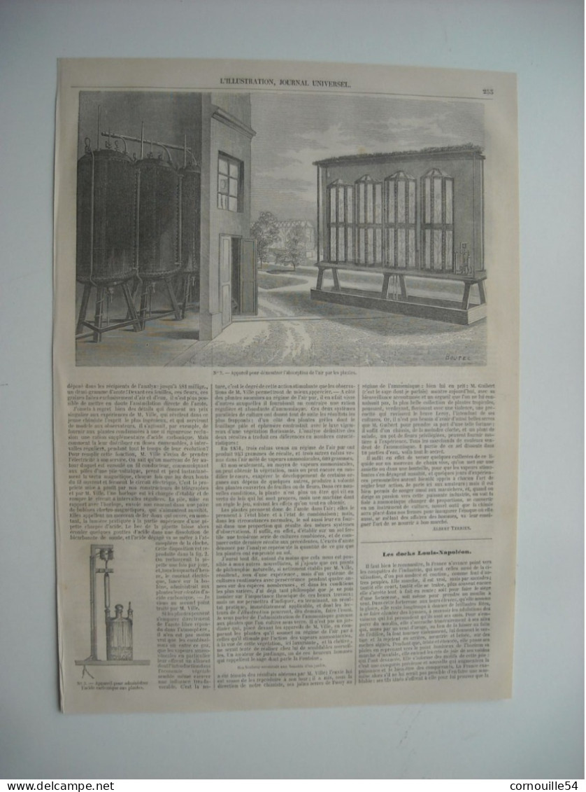 GRAVURE 1852. LES DOCKS LOUIS-NAPOLEON, A PARIS. EXPLICATIF. APPAREIL POUR DEMONTRER L’ABSORTION DE L’AIR PAR PLANTES. - Drawings