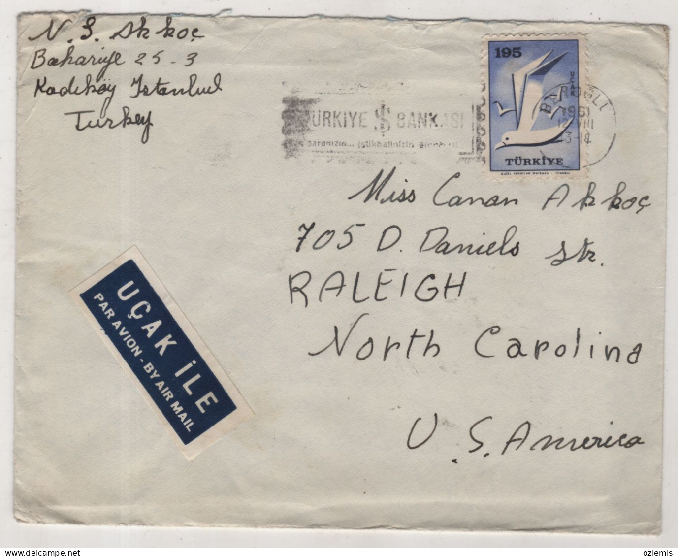 TURKEY,TURKEI,TURQUIE ,ISTANBUL TO USA.NORTH CAROLINA ,1961 COVER - Briefe U. Dokumente