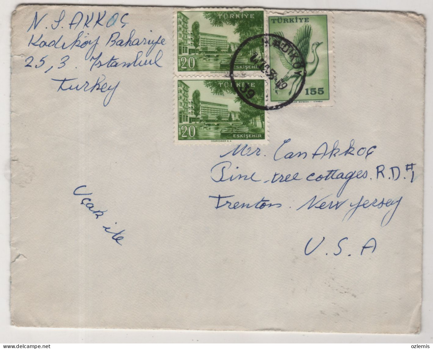 TURKEY,TURKEI,TURQUIE ,ISTANBUL TO USA.NEW JERSEY, ,1959 COVER - Lettres & Documents
