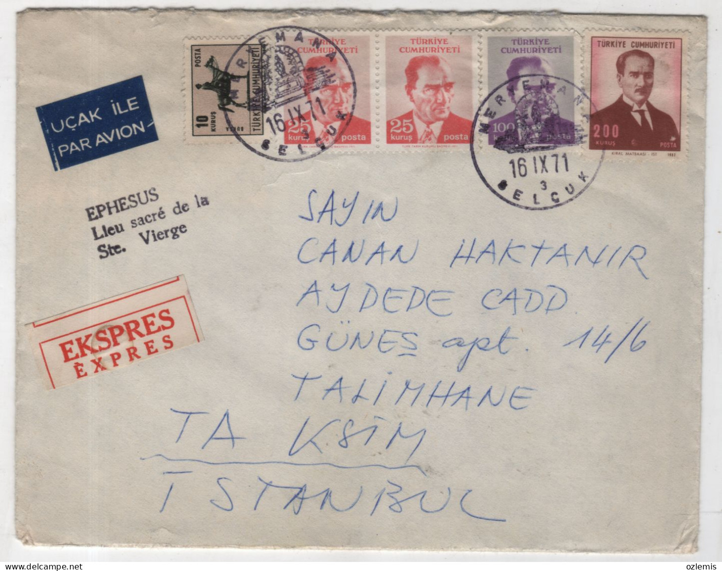 TURKEY,TURKEI,TURQUIE ,SELCUK ,MERYEM ANA,TO ISTANBUL  ,1971 COVER - Lettres & Documents