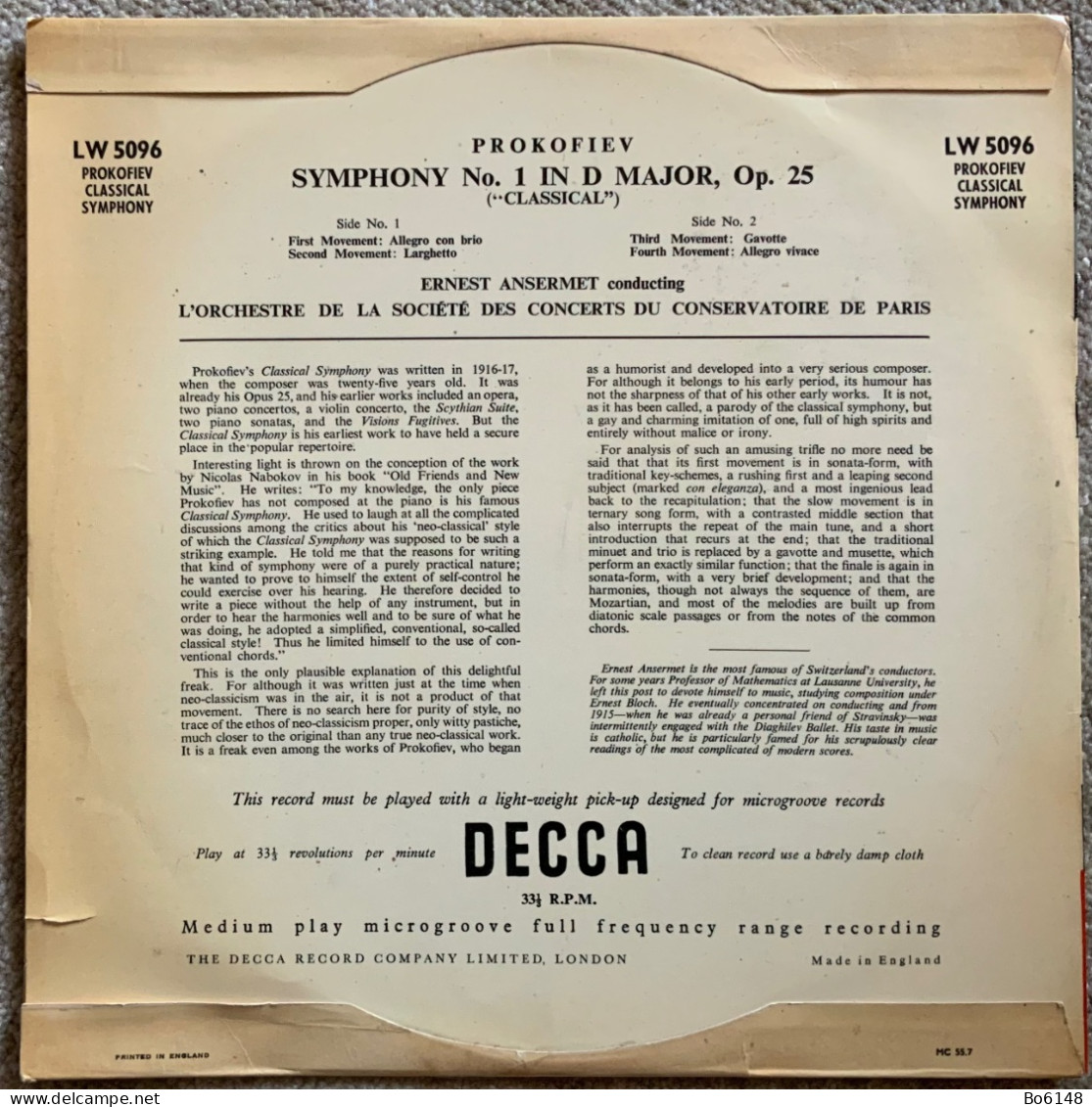 Disco 33 1/3 Giri : PROKOFIEV Simphony N.1 Op.25 , Conduce E.Ansermet , Decca - Blues