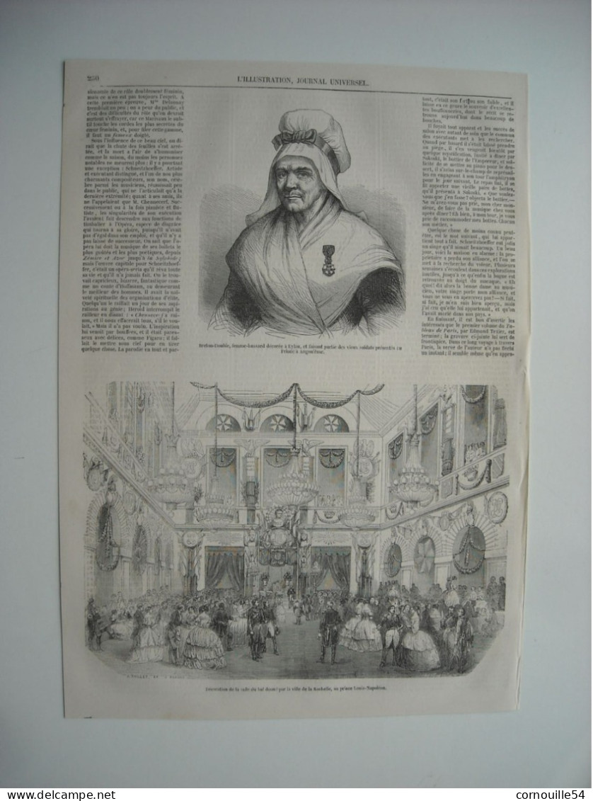 GRAVURE 1852. BRETON-DOUBLE, FEMME-HUSSARD DECOREE A EYLAU. DECORATION DE LA SALLE DU BAL DONNE PAR LA VILLE DE LA ROCHE - Drawings