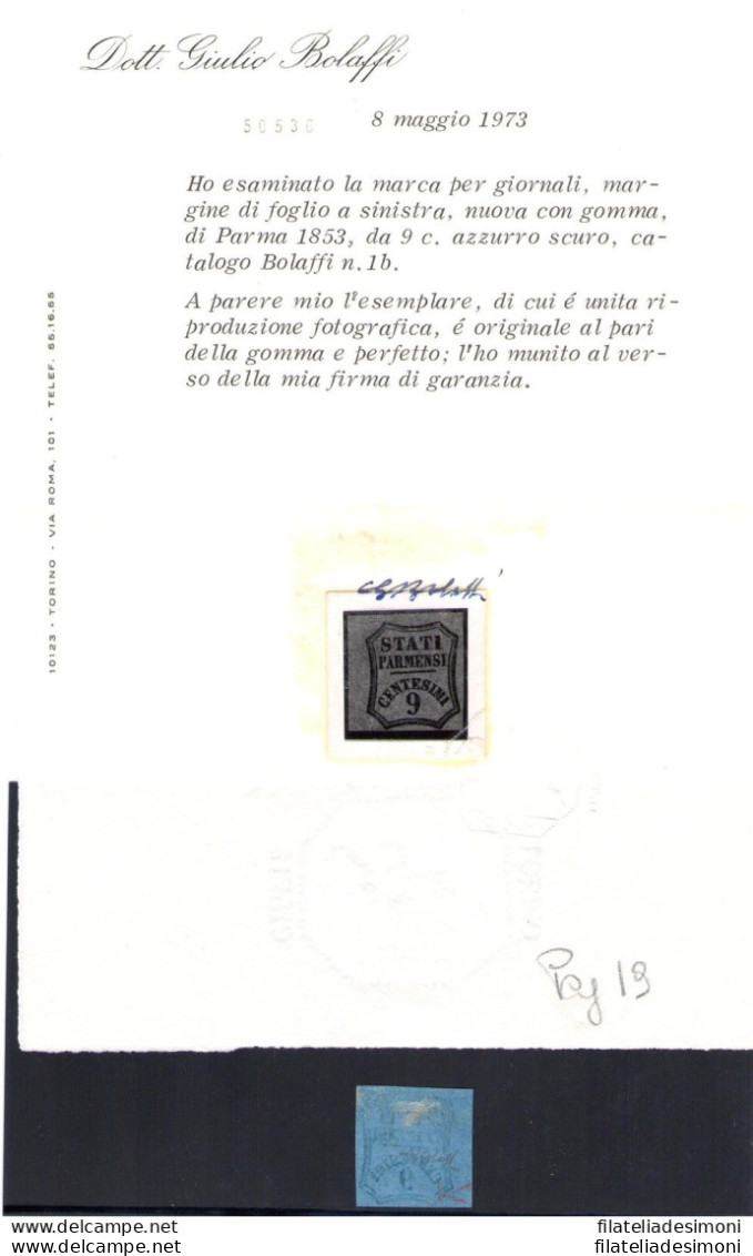 1853-57 PARMA Segnatasse Per Giornali 9 Cent Azz. Scuro Bordo Di Foglio N° 2a - Parma