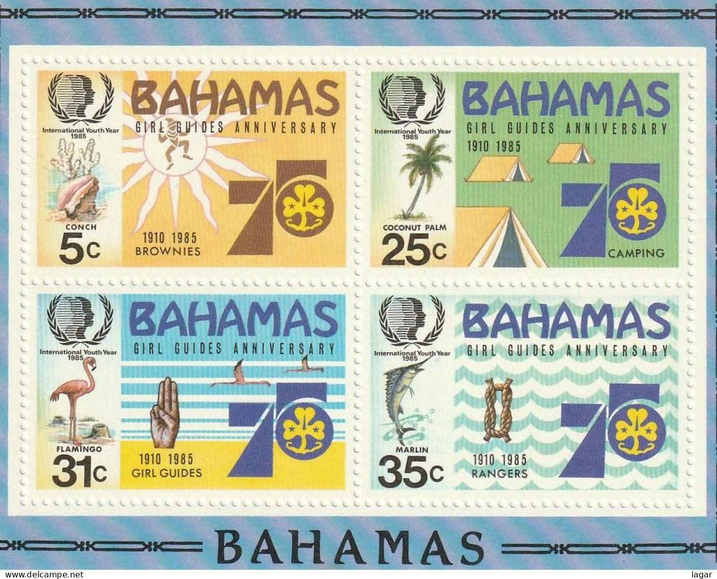 THEMATIC SCOUTING:  INTERNATIONAL YOUTH YEAR AND 75th ANNIVERSARY OF GIRL GUIDE MOVEMENT.  EMBLEMS    -  MS   -  BAHAMAS - Unused Stamps