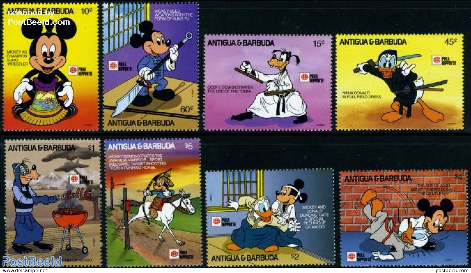 Antigua & Barbuda 1991 Philanippon/Disney 8v, Mint NH, Sport - Judo - Art - Disney - Disney