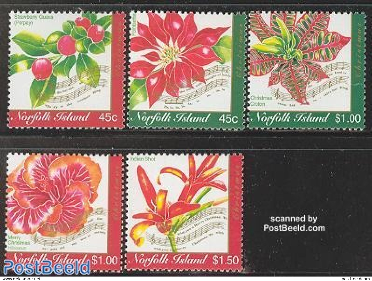 Norfolk Island 2001 Christmas 5v, Mint NH, Nature - Performance Art - Religion - Flowers & Plants - Music - Christmas - Muziek