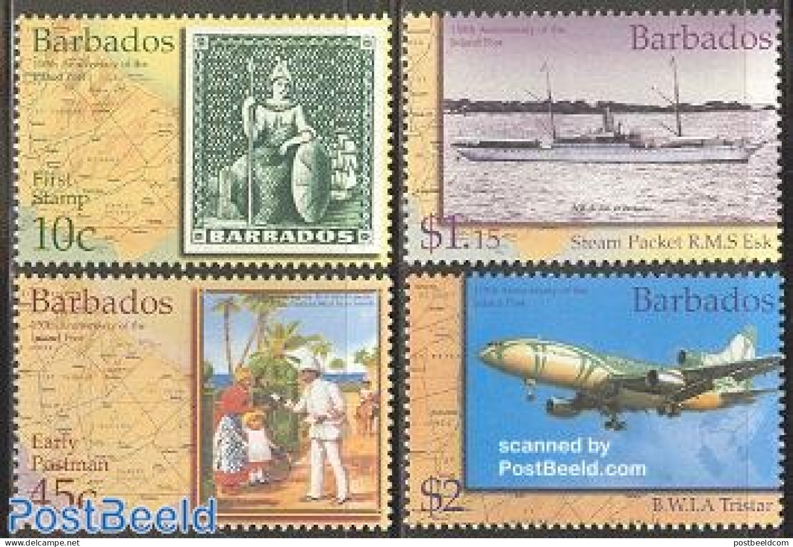 Barbados 2002 150 Years National Post 4v, Mint NH, Transport - Various - Post - Stamps On Stamps - Aircraft & Aviation.. - Post