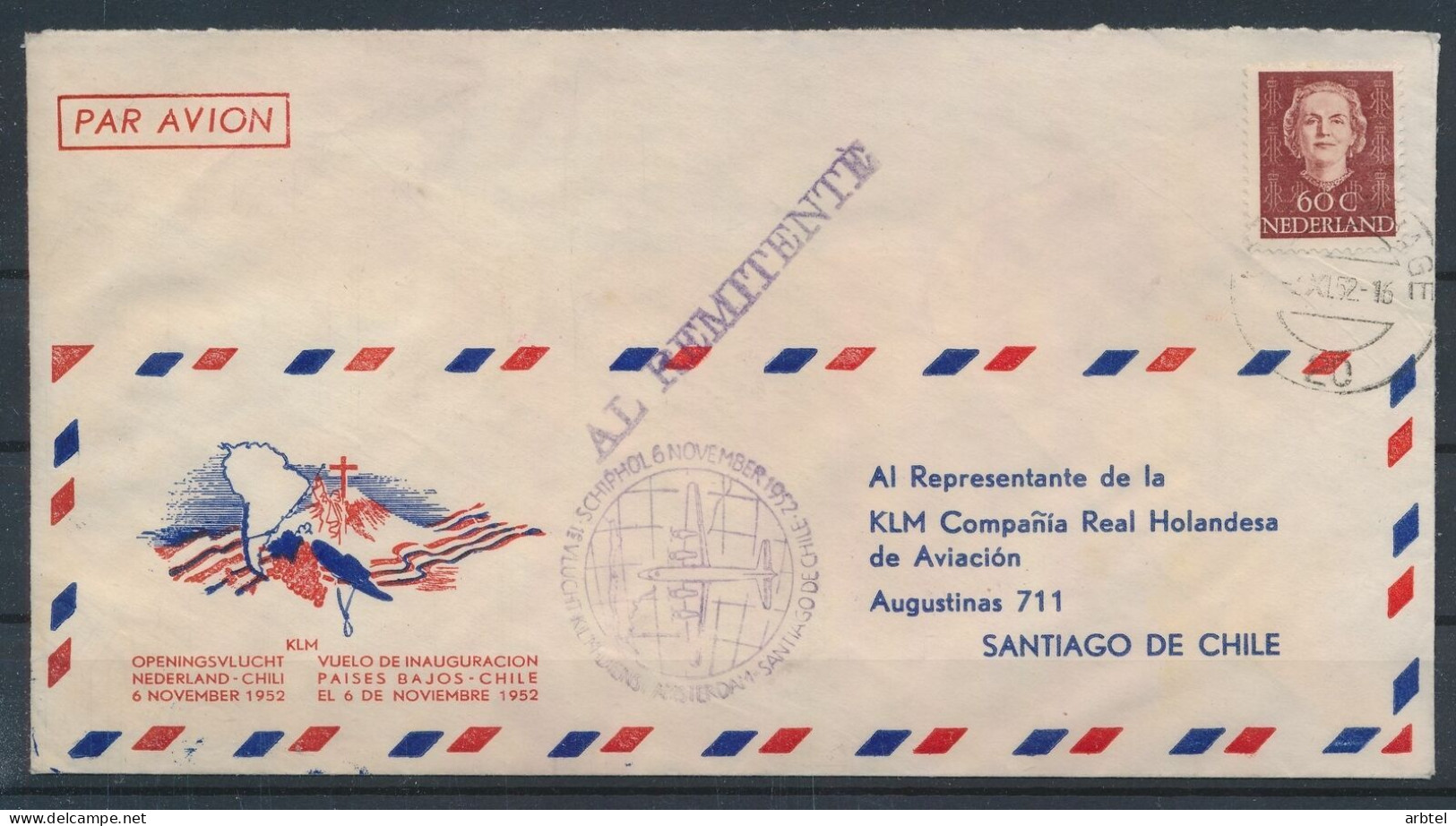 HOLANDA CC PRIMER VUELO KLM A CHILE 1952 - Airmail