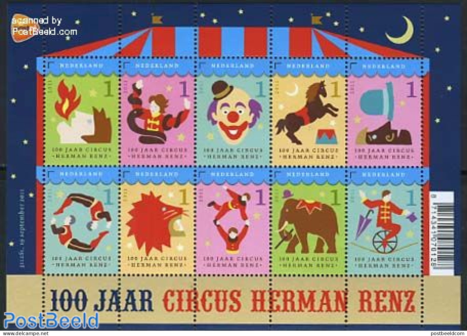 Netherlands 2011 100 Years Circus Herman Renz 10v M/s, Mint NH, Nature - Performance Art - Sport - Cat Family - Elepha.. - Nuovi