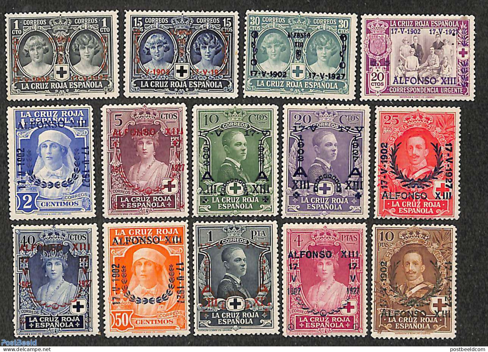 Spain 1927 Silver Coronation 14v, Unused (hinged), History - Kings & Queens (Royalty) - Neufs