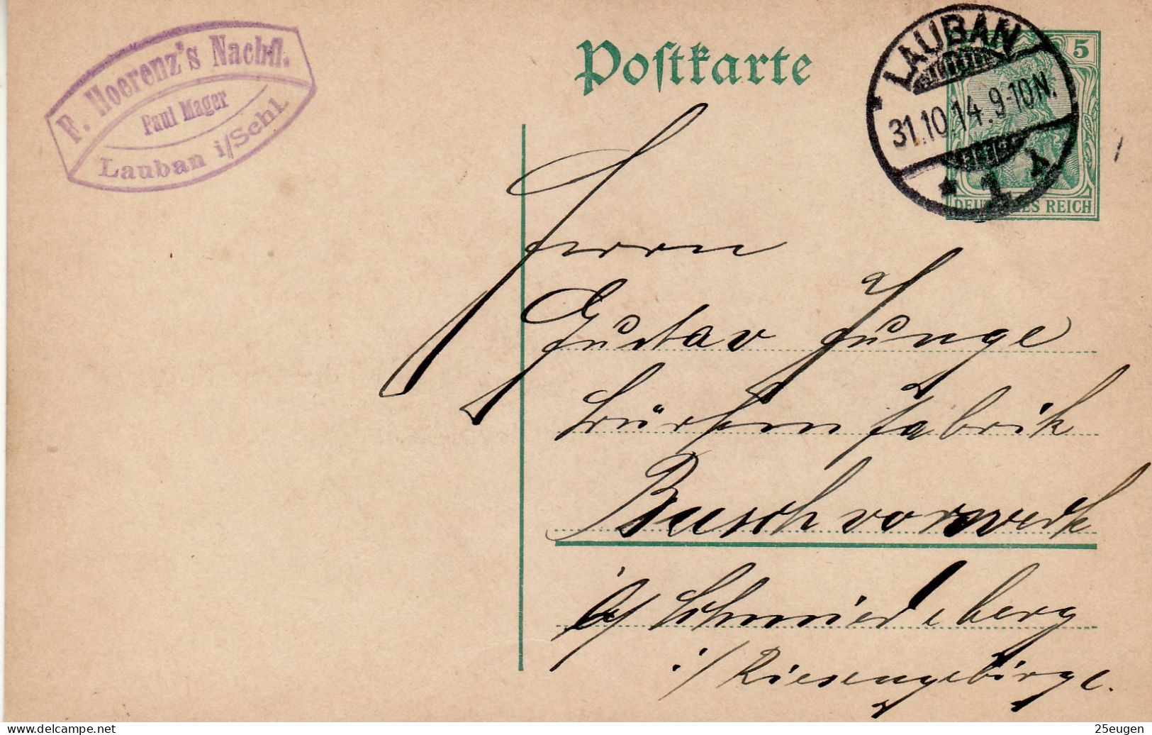 GERMANY 1914 POSTCARD MiNr P 96 SENT FROM LAUBACH / LUBAŃ / - Briefe U. Dokumente