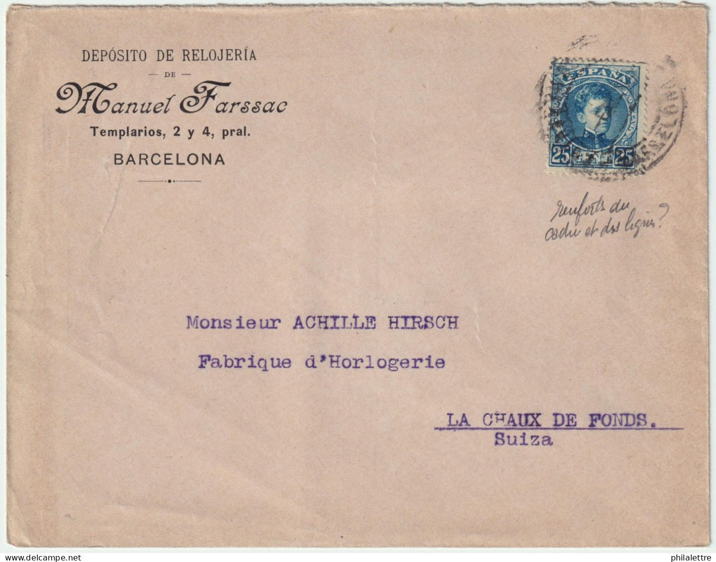 ESPAGNE/ESPAÑA 1903 Ed.248 En Sobre Con Membrete "DEPOSITO DE RELOREJIA" De BARCELONA A Suiza - Covers & Documents