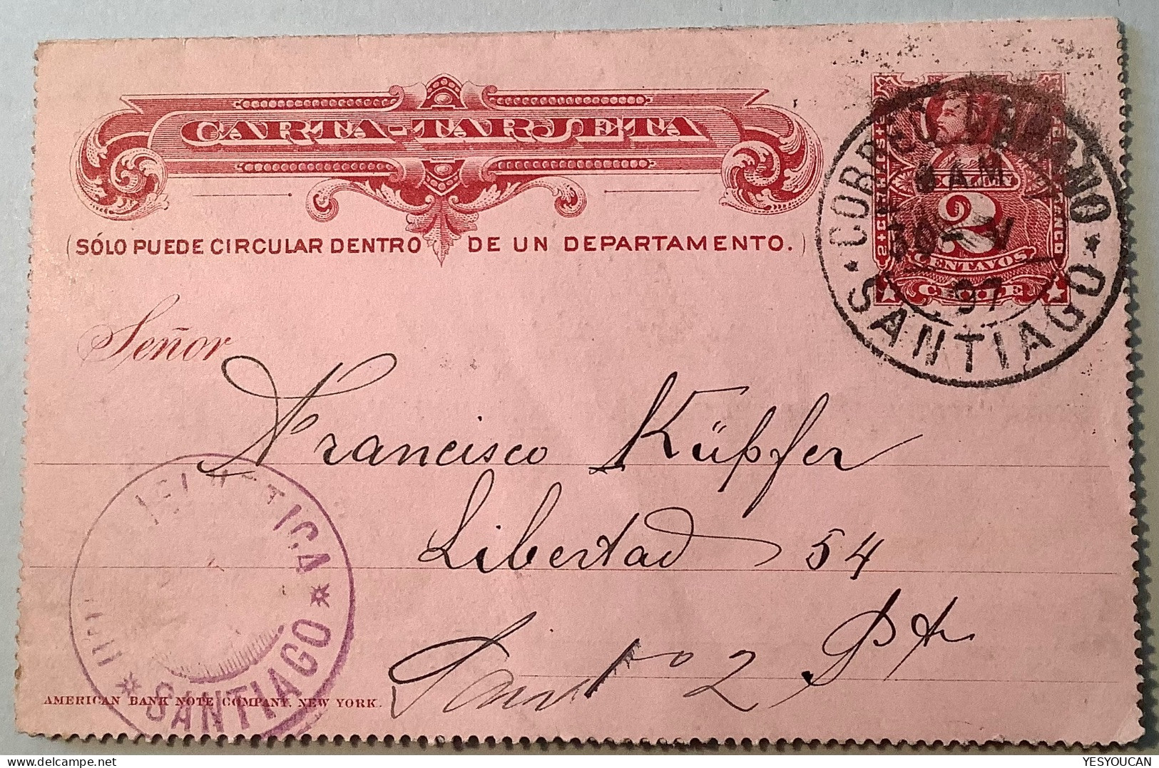 UNION HELVETICA Chile 1897 SANTIAGO CORREO URBANO2c Postal Stationery Letter Card (entier Postal Schweizer Heimat Verein - Chile