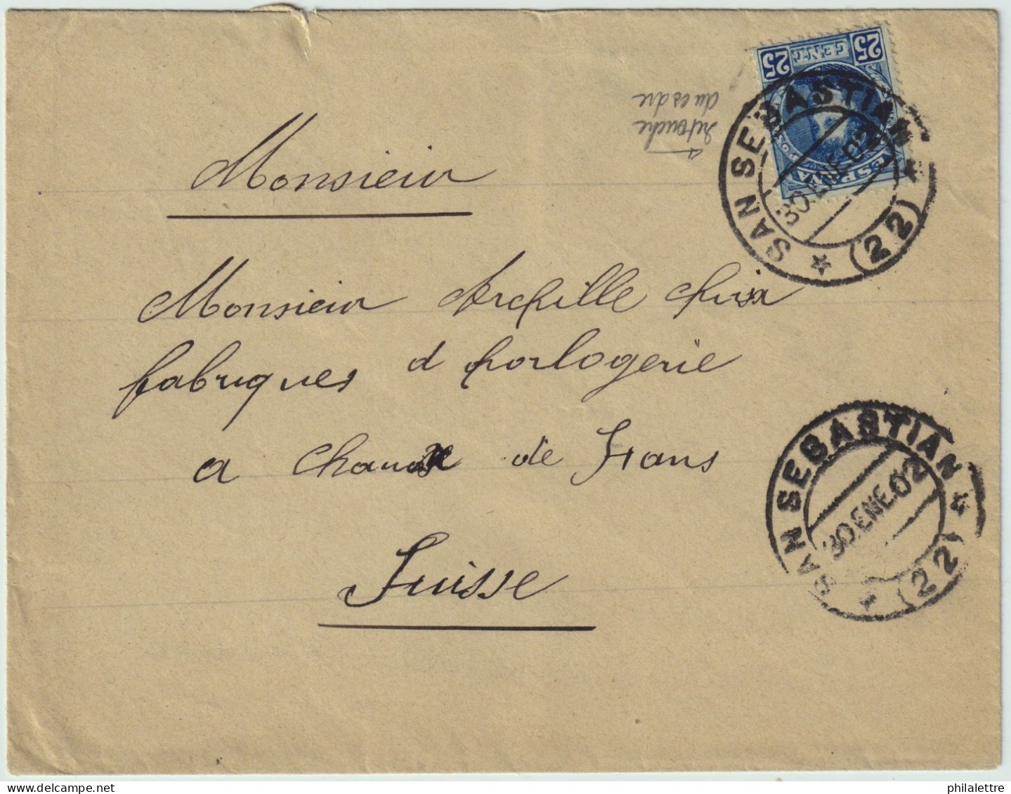 ESPAGNE/ESPAÑA 1902 Ed.248 Sobre Carta De " SAN SEBASTIAN * (22) * " A Suiza - Briefe U. Dokumente